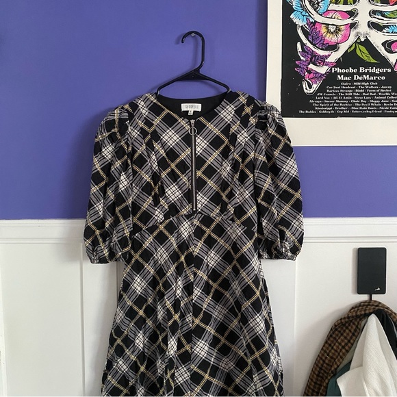 ghospell black plaid puff sleeve flare skirt dress - Picture 1 of 5